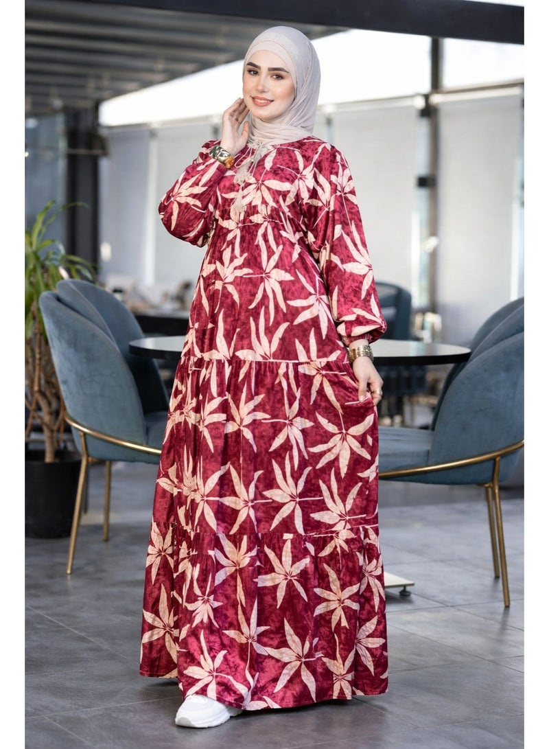 Modest Long Dress with Leaf Print – Comfortable Loose Fit for Everyday Wear and Occasions - Burgundy - Image 1